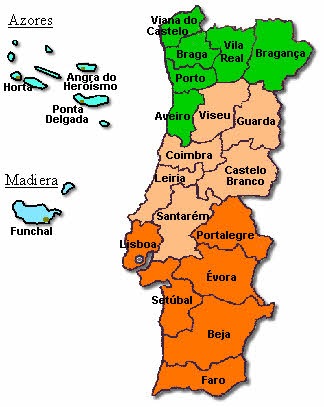 Map with the Districts of Portugal